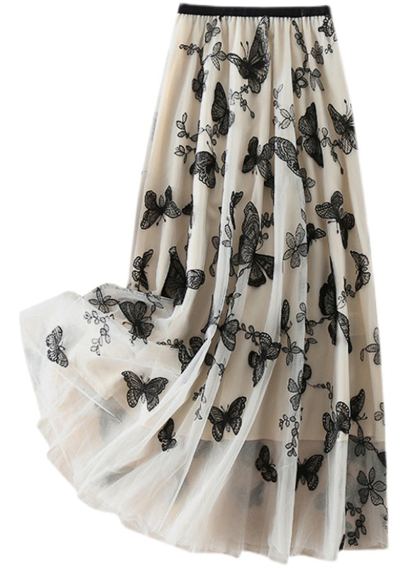 Vintage Beige Embroidered butterfly Tulle Skirts Spring