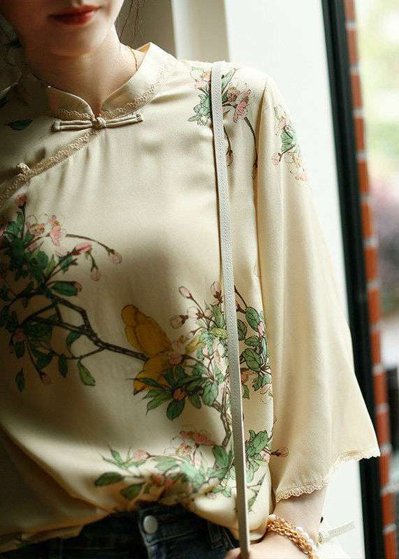 Vintage Beige Mandarin Collar side open Print Silk top long sleeve
