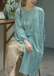 Vintage Beige O Neck Oriental Button Patchwork Cotton Dress Fall