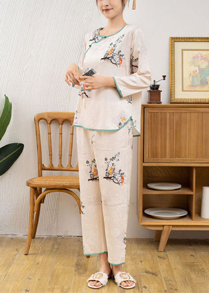 Vintage Beige O-Neck Oriental Print Ice Silk Pajamas Two Pieces Set Spring