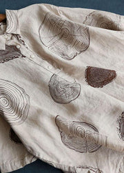 Vintage Beige Peter Pan Collar Print Summer Linen Blouses Half Sleeve - SooLinen