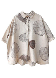 Vintage Beige Peter Pan Collar Print Summer Linen Blouses Half Sleeve - SooLinen