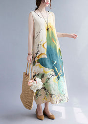 Vintage Beige Print O-Neck Linen Vacation Dresses Summer