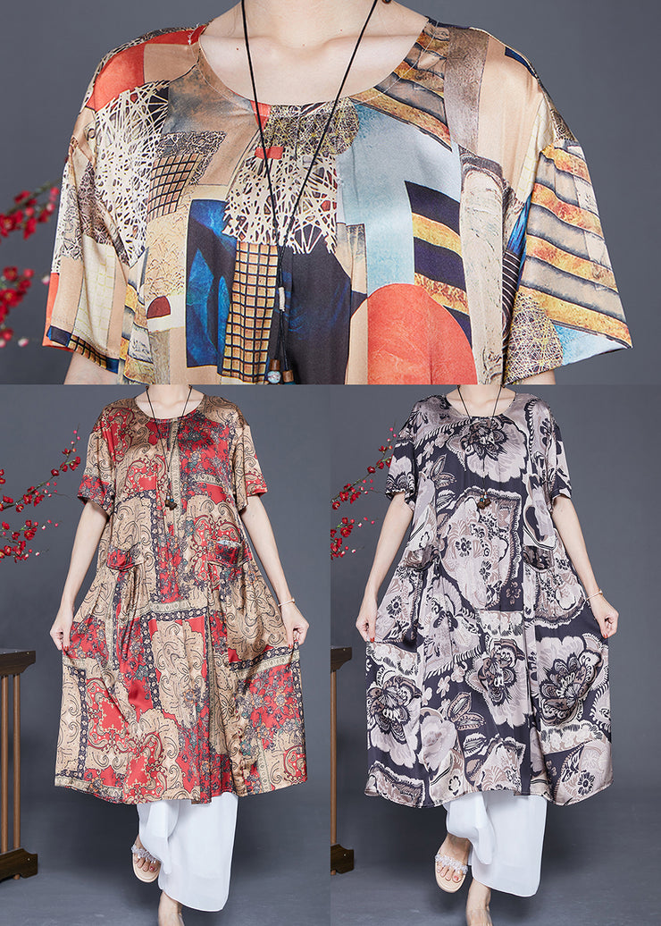 Vintage Beige Print Pockets Silk Holiday Dress Summer