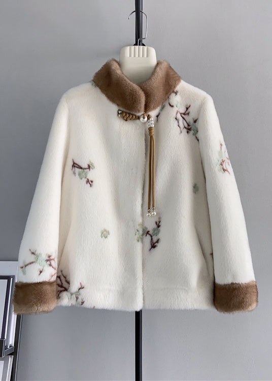 Vintage Beige Stand Collar Tasseled Embroidered Mink Cashmere Jackets Winter