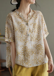 Vintage Beige V Neck Print Patchwork Linen T Shirt Top Summer