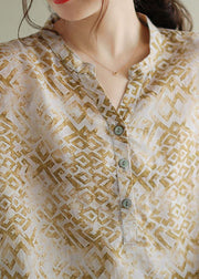Vintage Beige V Neck Print Patchwork Linen T Shirt Top Summer