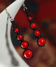 Vintage Black And Red Patchwork Gem Stone Drop Earrings