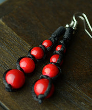 Vintage Black And Red Patchwork Gem Stone Drop Earrings