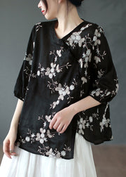 Vintage Black Asymmetrical Button Patchwork Linen Shirt Summer