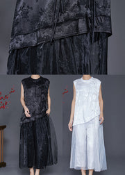 Vintage Black Asymmetrical Jacquard Silk Two Piece Set Fall