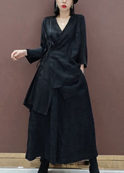 Vintage Black Asymmetrical Patchwork Jacquard Tie Waist Silk Two-Piece Set Spring