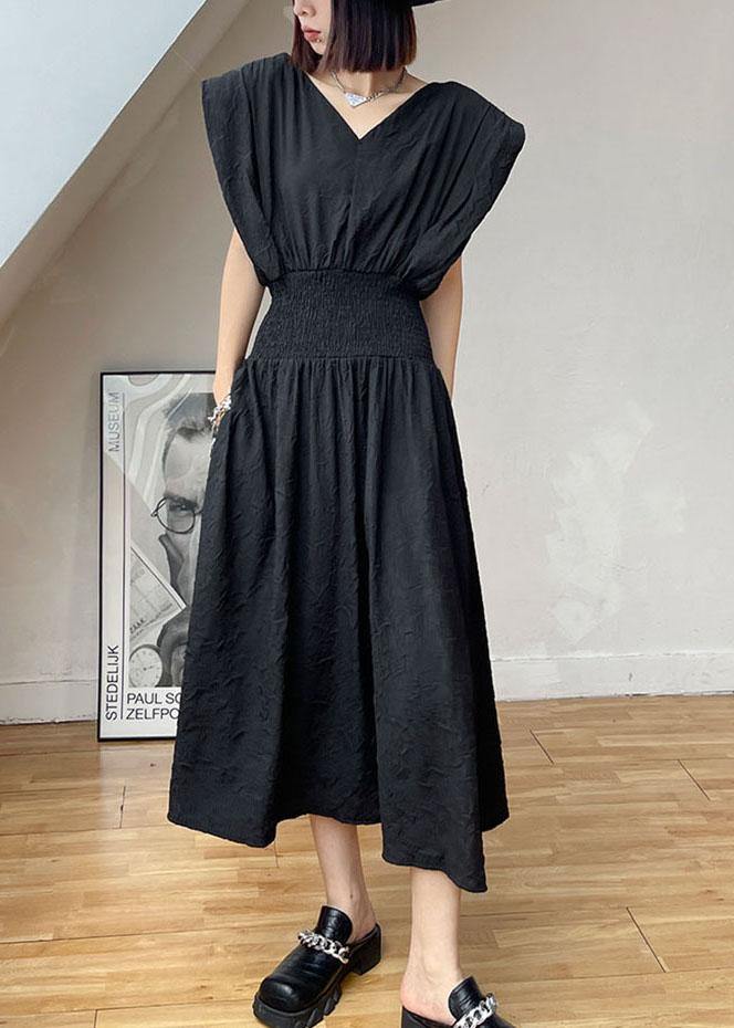 Vintage Black Cinched V Neck Sleeveless Summer Maxi Dresses - SooLinen