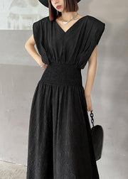 Vintage Black Cinched V Neck Sleeveless Summer Maxi Dresses - SooLinen