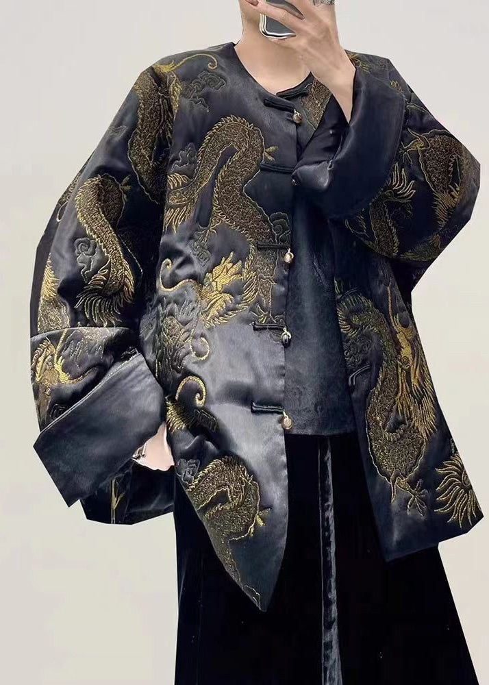 Vintage Black Dragon Embroideried Oversized Chinese Button Silk Coats Fall