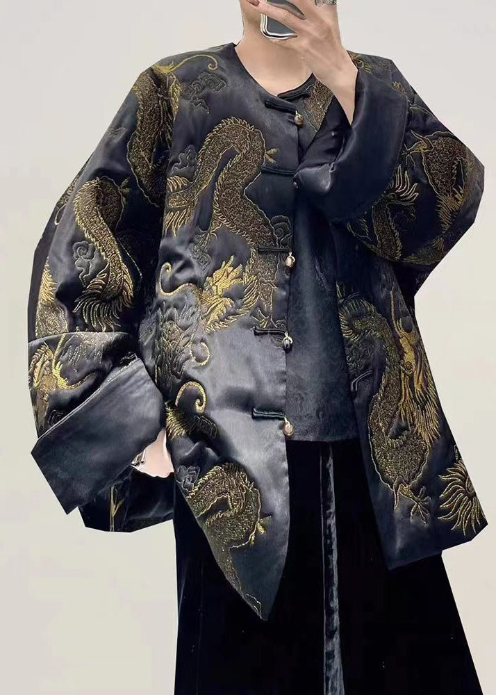 Vintage Black Dragon Embroideried Oversized Chinese Button Silk Coats Fall