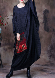 Vintage schwarz bestickt asymmetrisches Design Patchwork große Tasche Seide langes Kleid Fledermausärmel