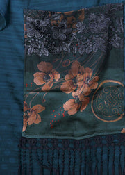 Vintage Black Embroidered Asymmetrical Design Patchwork Big Pocket Silk Long Dress Batwing Sleeve