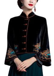 Vintage Black Embroidered Button Silk Velour Coats Flare Sleeve