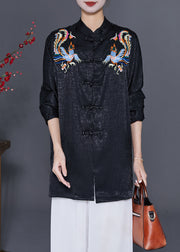 Vintage Black Embroidered Chinese Button Silk Blouses Fall
