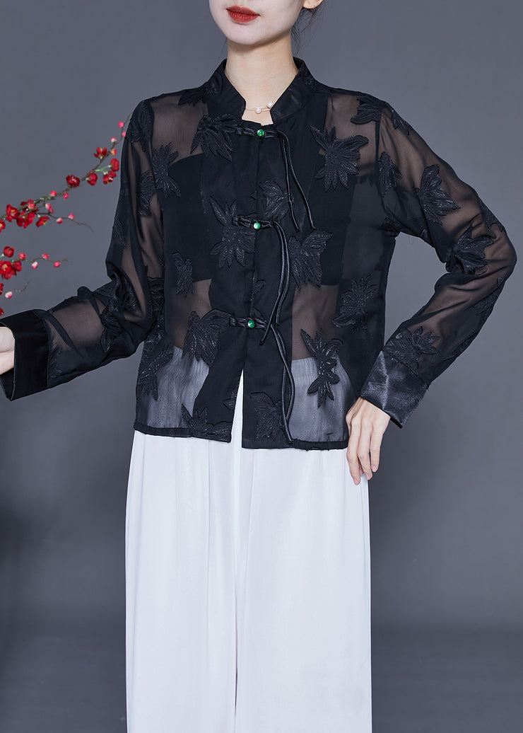 Vintage Black Embroidered Chinese Button Tulle Shirt Tops Summer