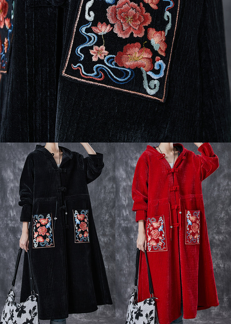 Vintage Black Embroidered Chinese Button Warm Fleece Corduroy Trench Winter