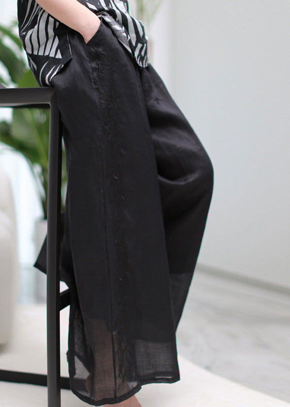 Vintage Black Embroidered Elastic Waist Solid Linen Wide Leg Pants Summer