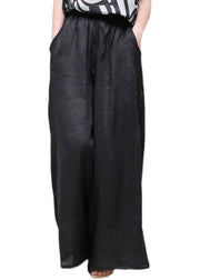 Vintage Black Embroidered Elastic Waist Solid Linen Wide Leg Pants Summer