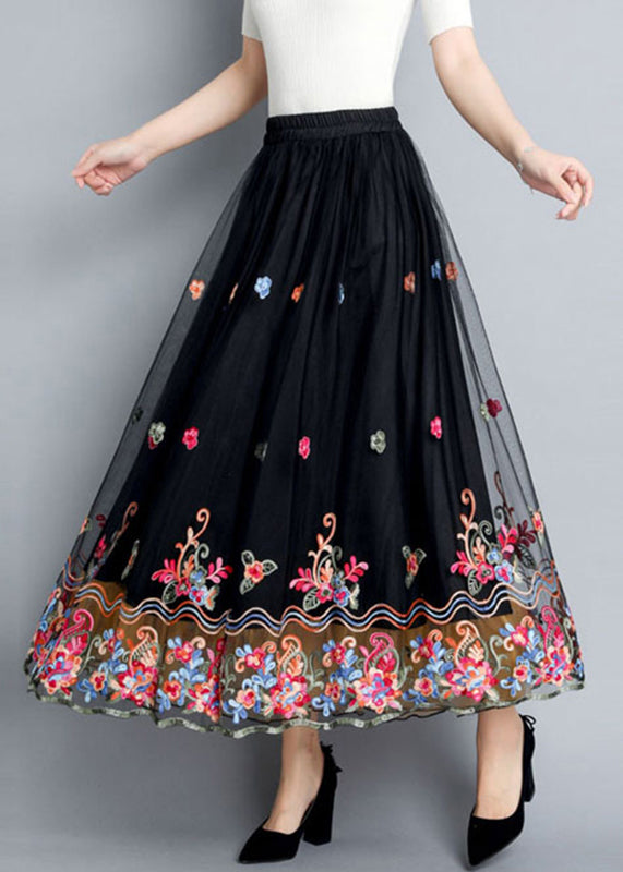 Vintage Black Embroidered Floral Tulle Maxi Skirts Summer