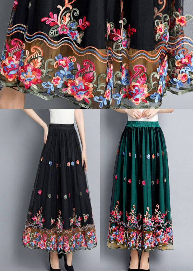 Vintage Black Embroidered Floral Tulle Maxi Skirts Summer