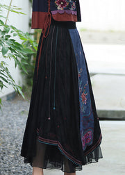 Vintage Black Embroidered Floral Tulle Patchwork Elastic Waist Linen maxi Skirts Fall