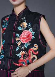 Vintage Black Embroidered Patchwork Silk Long Vest Fall