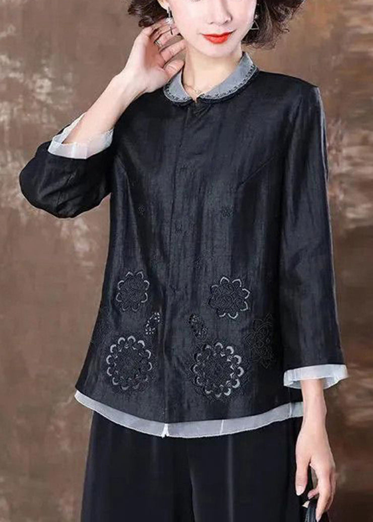 Vintage Black Embroidered Patchwork Silk Two Piece Set Women Clothing Spring