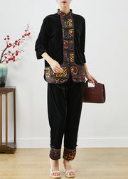 Vintage Black Embroidered Patchwork Silk Velour Two Piece Set Women Clothing Fall
