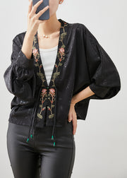 Vintage Black Embroidered Tasseled Silk Cardigan Spring