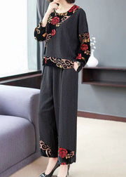 Vintage Black Embroidered Tops And Wide Leg Pants Cotton Two Piece Set Fall