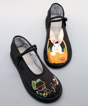 Vintage Black Embroidery Buckle Strap Splicing Flat Shoes For