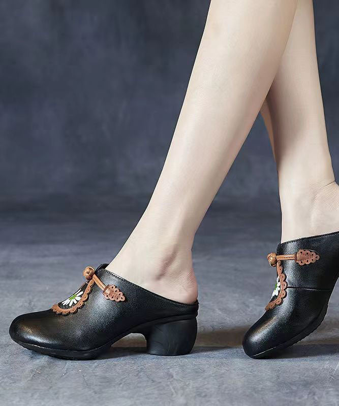 Vintage Black Floral Splicing Chunky Slide Sandals