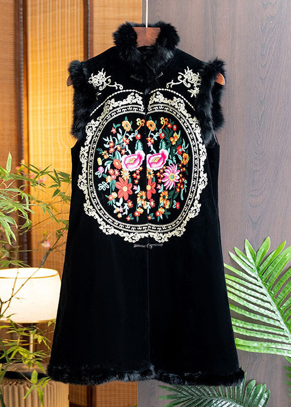 Vintage Black Fur Collar Embroidered Patchwork Silk Velour Waistcoat Sleeveless