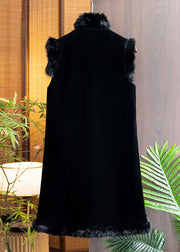 Vintage Black Fur Collar Embroidered Patchwork Silk Velour Waistcoat Sleeveless