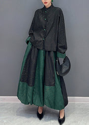 Vintage Black Green Stand Collar Tasseled Patchwork Cotton Two Piece Set Fall