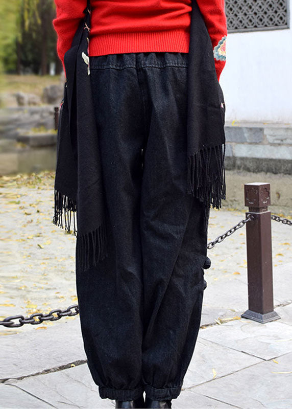 Vintage Black Grey Elastic Waist Embroidered Pockets Cotton Denim Harem Pants Spring