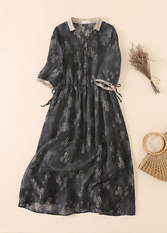 Vintage Black Grey Peter Pan Collar Drawstring Print Linen Holiday Dress Half Sleeve