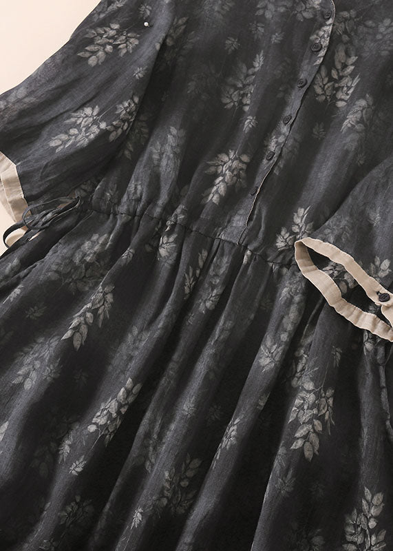 Vintage schwarz grau Peter Pan Kragen Drawstring Print Leinen Urlaub Kleid halbe Ärmel
