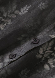 Vintage Black Grey Peter Pan Collar Drawstring Print Linen Holiday Dress Half Sleeve