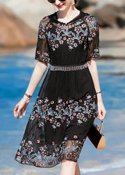 Vintage Black Hooded Embroidered 2024 Silk Holiday Dress Short Sleeve