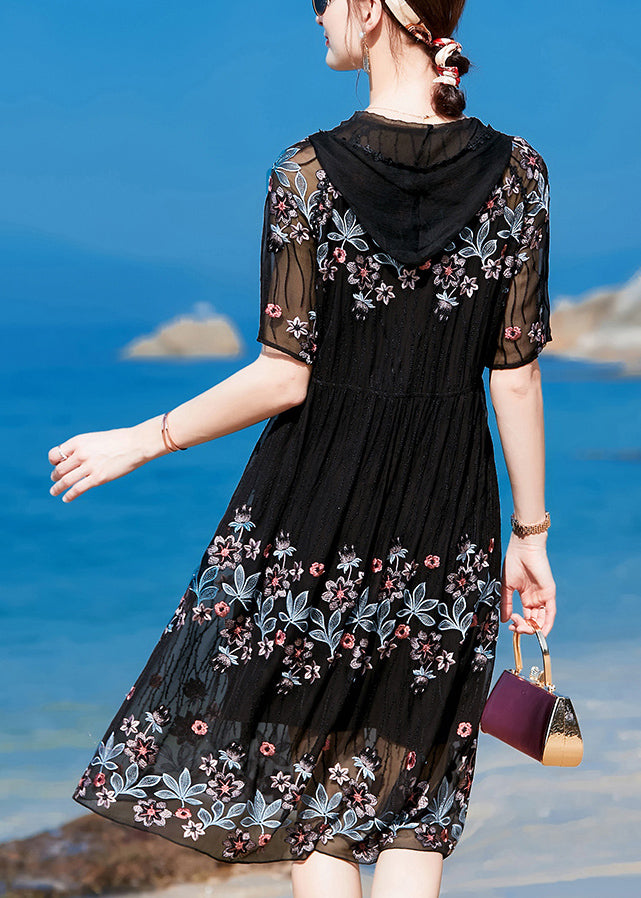 Vintage Black Hooded Embroidered 2022 Silk Holiday Dress Short Sleeve