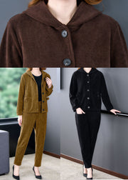 Vintage Black Hooded Solid Color Corduroy Coats And Harem Pants Two Pieces Set Winter