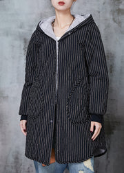 Vintage Black Hooded Striped Warm Fleece Coat Winter