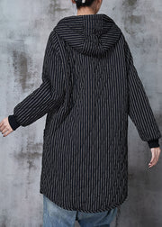 Vintage Black Hooded Striped Warm Fleece Coat Winter